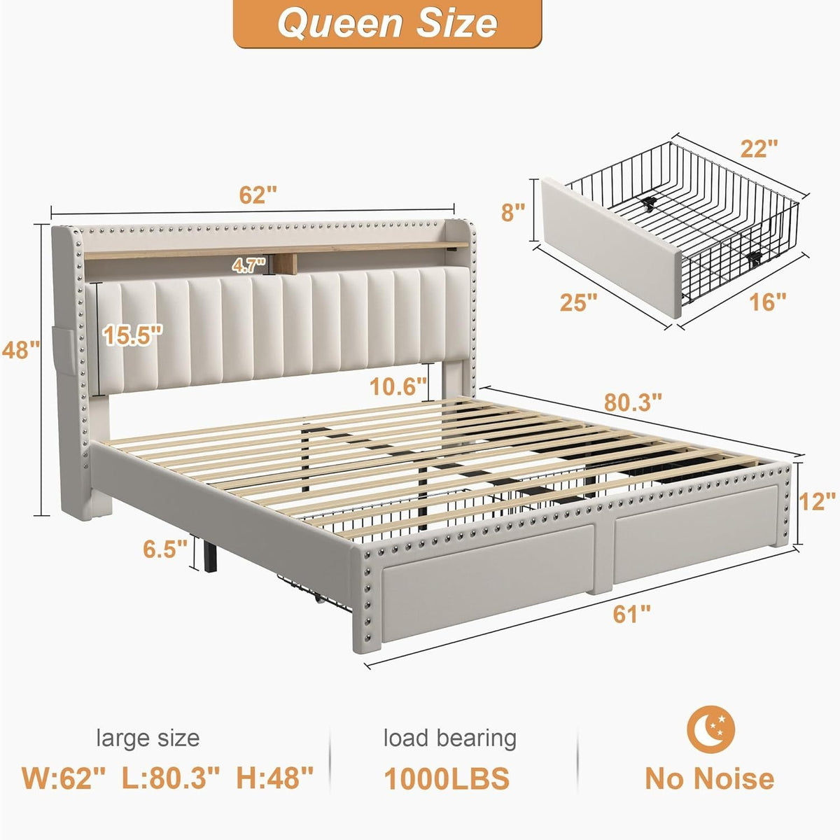 Soft Upholstered Bed Frame with 2 Storage Drawers & Naked Mattress Foundation | Full/Queen/King Size Low Profile Platform Bed Base, Heavy Duty 1000lbs Steel Frame, No Box Spring Needed for Apartments/Dorms | Easy Assembly (Gray/Beige)