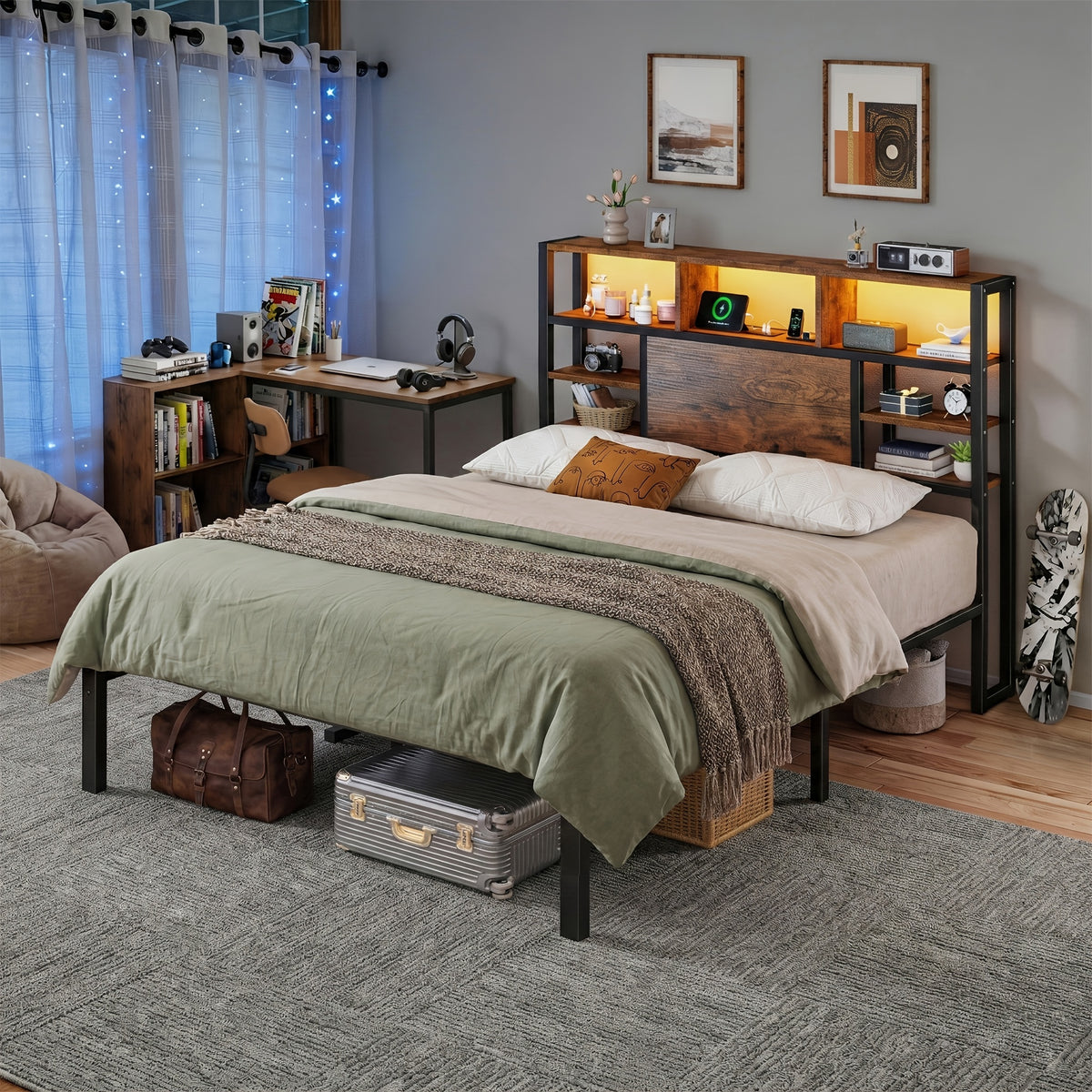 Full/Queen/King Size Bed Frame with Storage Headboard, LED Lights & Charging Station Heavy Duty Metal Platform Bed for Bedrooms, 1100 LBS Capacity, No Box Spring Needed, Easy Assembly, Black, Brown
