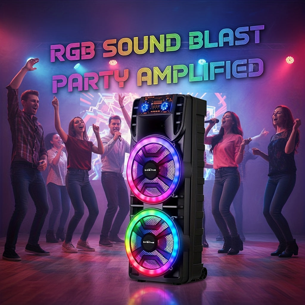 Dual 12" Portable BT Wireless Party Speaker - Powerful Bass, Loud Sound, RGB Light Show, EQ Controls (Treble/Bass/Delay/Volume), Lightweight for Outdoor/Indoor Party Events Karaoke PA System