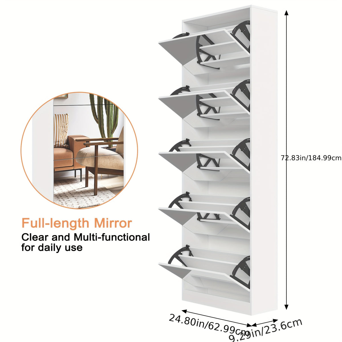 Organizedlife Large Capacity Shoe Cabinet with Full Length Mirror, 5 Flip Drawer Shoe Storage Cabinet, Wooden 2-Tier Shoe Rack Organizer Holds 13-30 Pairs, Slim Tipping Bucket Shoe Cabinet for Entryway, Hallway, Foyer