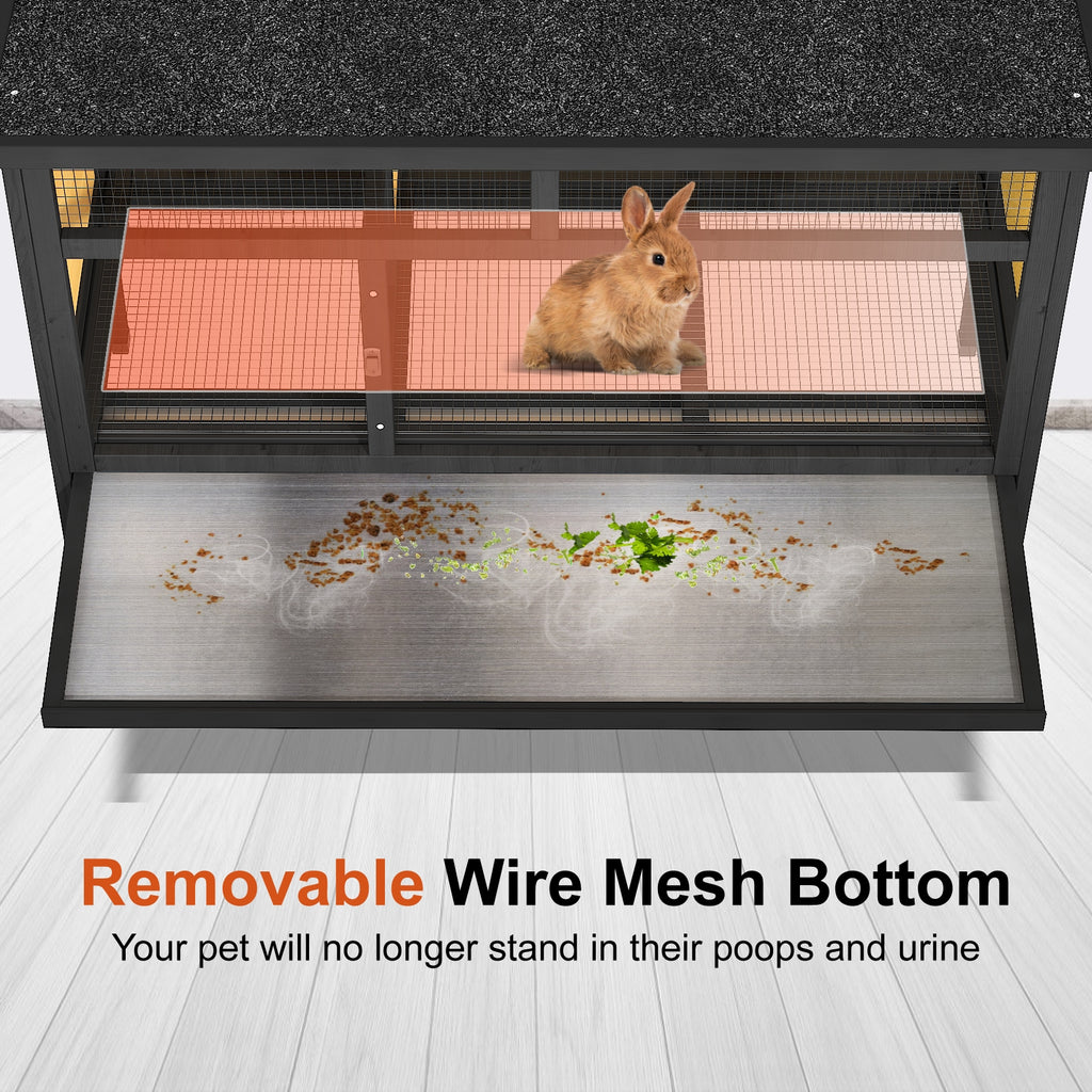 Rabbit Hutch, 46.7" Elevated Rabbit Cage - Indoor & Outdoor Rabbit Hutch, Wooden Design with Removable Tray, Bunny Cage for Guinea Pig, Asphalt Roof And Bottom Wire Mesh for Small-Medium Animals, Without Battery