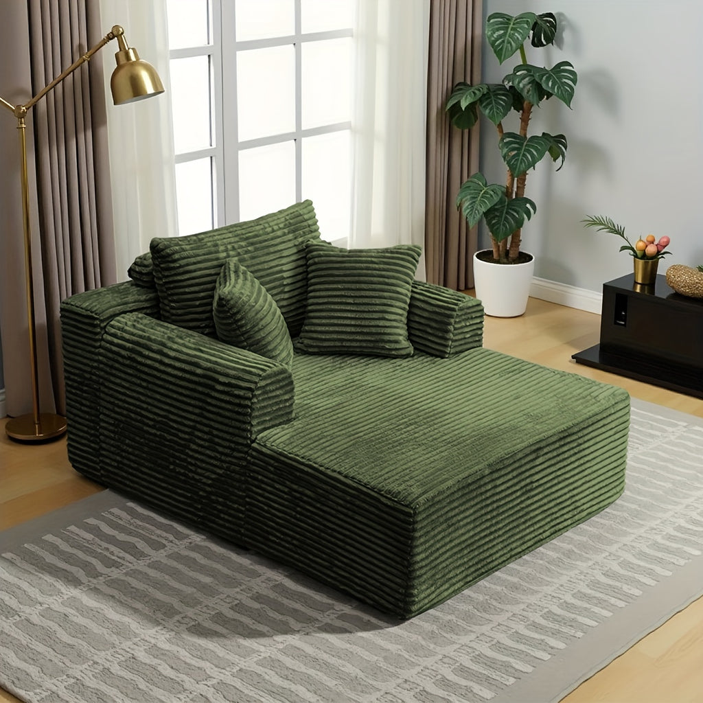 A Modern Fabric Corduroy Sofa Bed with a Deep Seat That Can Be Converted, Featuring Throw Pillows And Cloud-Shaped Armrests, Along with Storage Pockets, Ideal for Use As a Reclining Sofa in Living Rooms, Bedrooms, Apartments, And Offices