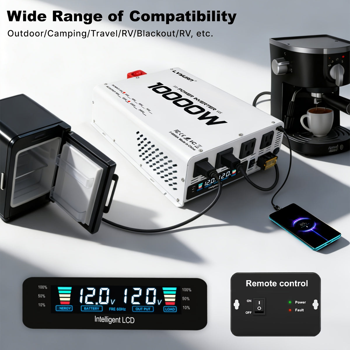 LVYUAN Power Inverter, 10, 000 W (Peak), 12V DC to 110V/120V AC Converter, Suitable for Homes, Rvs, Boats, Off-Grid Solar Systems, And Vehicles. Features USB Charging Ports, 4 AC Power Outlets, Dual USB Ports, an LCD Display, And A Remote Control