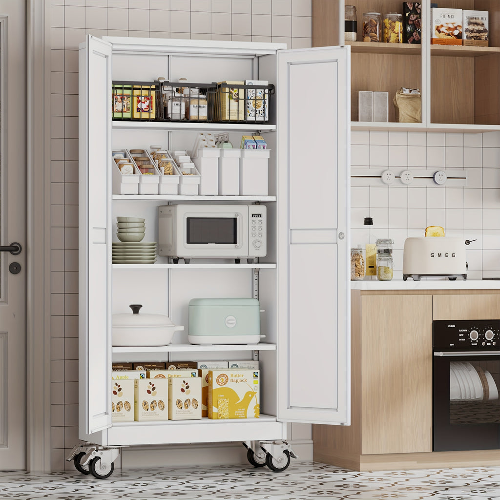61/71/75 Inch High Wheeled Metal Storage Cabinet with 2 Doors And Adjustable Partitions, Metal Filing Cabinet, Suitable for Home Offices, Kitchens, Warehouses, And Garages