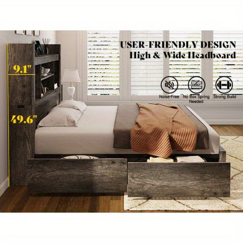 PAPABABE Bed Frame With 49.6 Inch Bookcase Headboard, 4 Drawers And 2 Detachable Storage Racks - Farmhouse Wood Bed Frame With RGB LED Lights And Charging Station, No Box Spring Needed