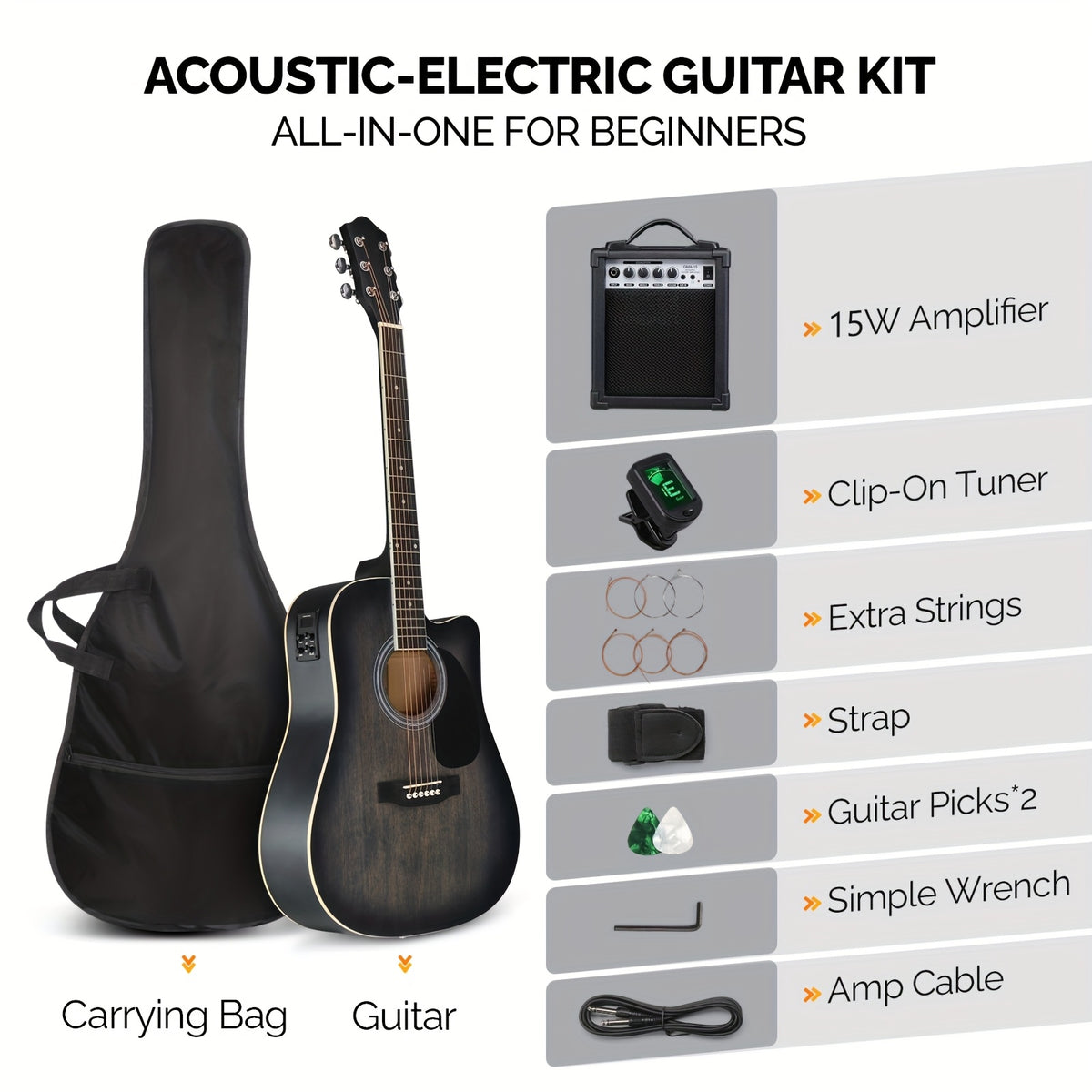Electric Acoustic Guitar Kit — Full-Size 6-String Cutaway Set with Amplifier and Built-In Tuner