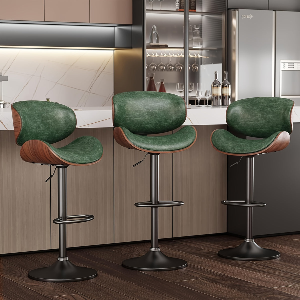 3pcs Modern Faux Leather Upholstered Bar Stools, 360° Swivel Adjustable Height with Backrests, Metal Tall Bar Stools Counter Height for Kitchen Island, Hydraulic Island Barstools