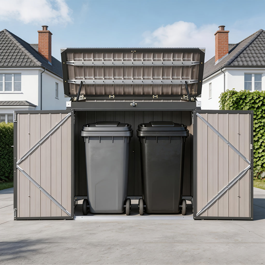 UFFIGAMA Lockable Outdoor Trash Can Storage Shed - 4.93 X 2.6ft Metal Garbage Bin Enclosure with Chain Lid, Waterproof & Weather-Resistant, Ideal for Trash Cans, Lawn Mower, And Garden Tools, Perfect for Backyard & Patio