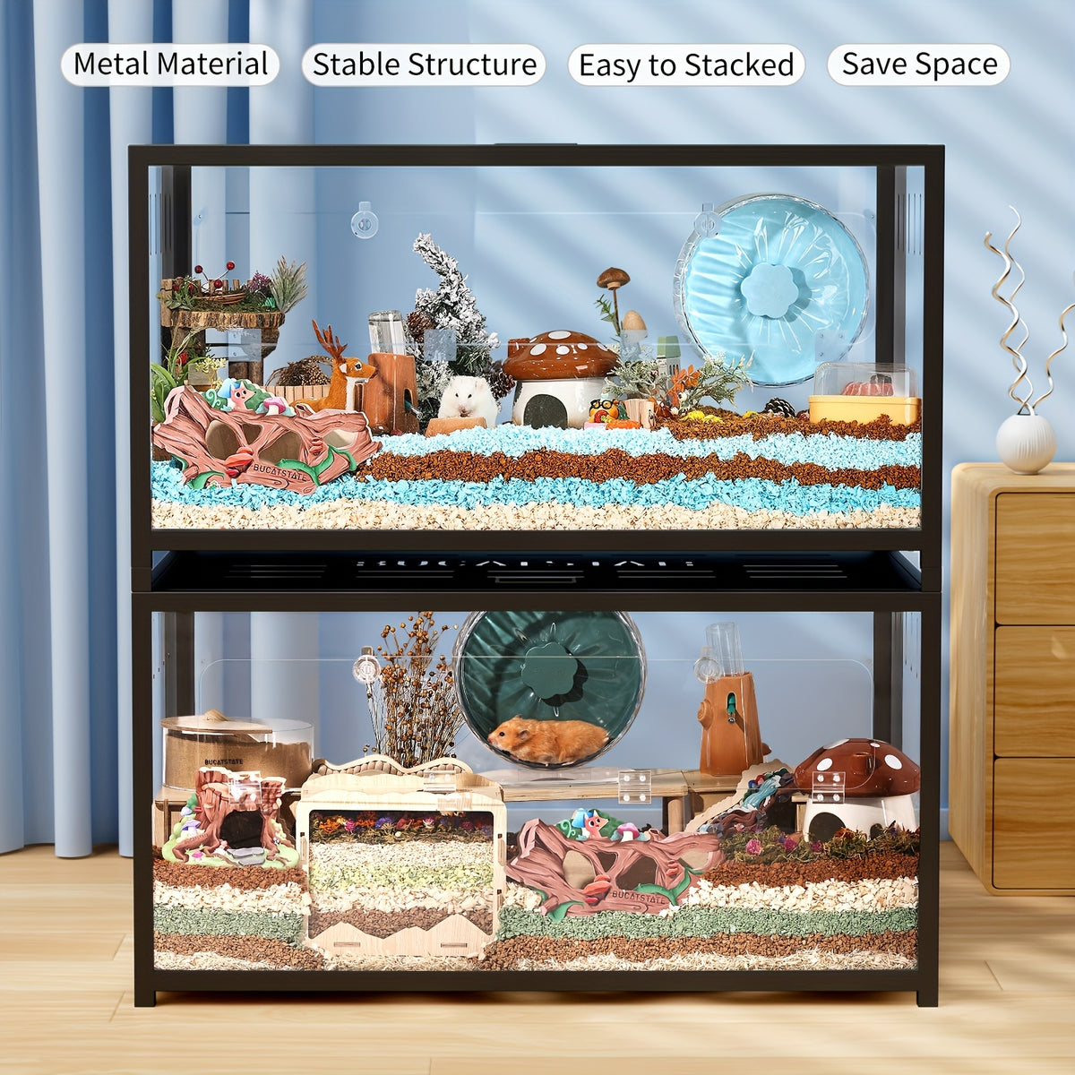 [Metal Hamster Cage] Bucatstate Metal Hamster Cage 2.0 (Free 20L Paper Bedding: Random Color) - Small Animal Habitat Large Stackable With Top Access Easy Assembly 39.3L X 19.7W X 20.6H Inches Dwarf Syrian Hamster Tank For Gerbil Mouse
