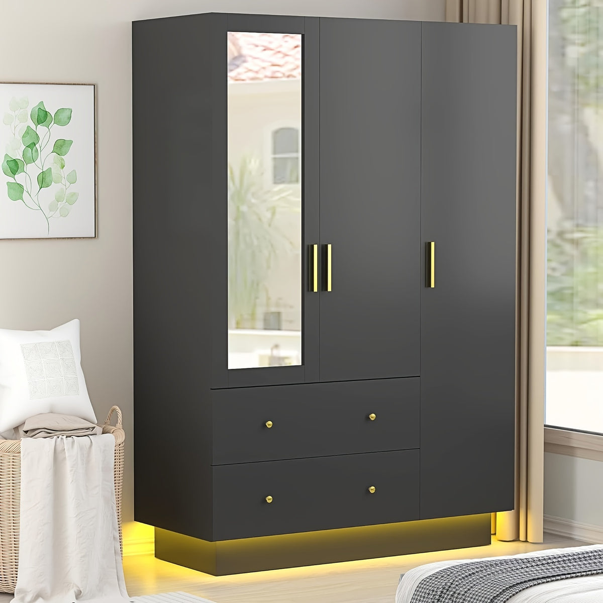 Modern Wardrobe Closet with Mirror And LED Lights, Bedroom Armoire with Drawers And Shelves, Wooden Closet Cabinet with Hanging Rod