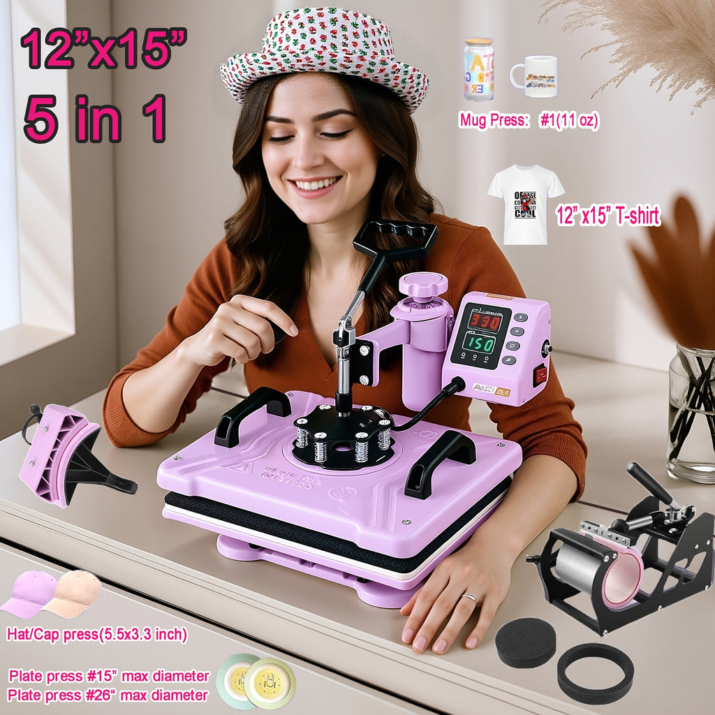 15"x15"/15"x12" - 8-in-1/ 5-in-1 Heat Press Machine Combo, Rotatable Design, Multi-Size Transfer Professional Sublimation Combination, Suitable for T-shirts, Bags, Pillows, Hats, Beanies, Roller - 3in 1 Auto Hat Press Can Only Press Hats