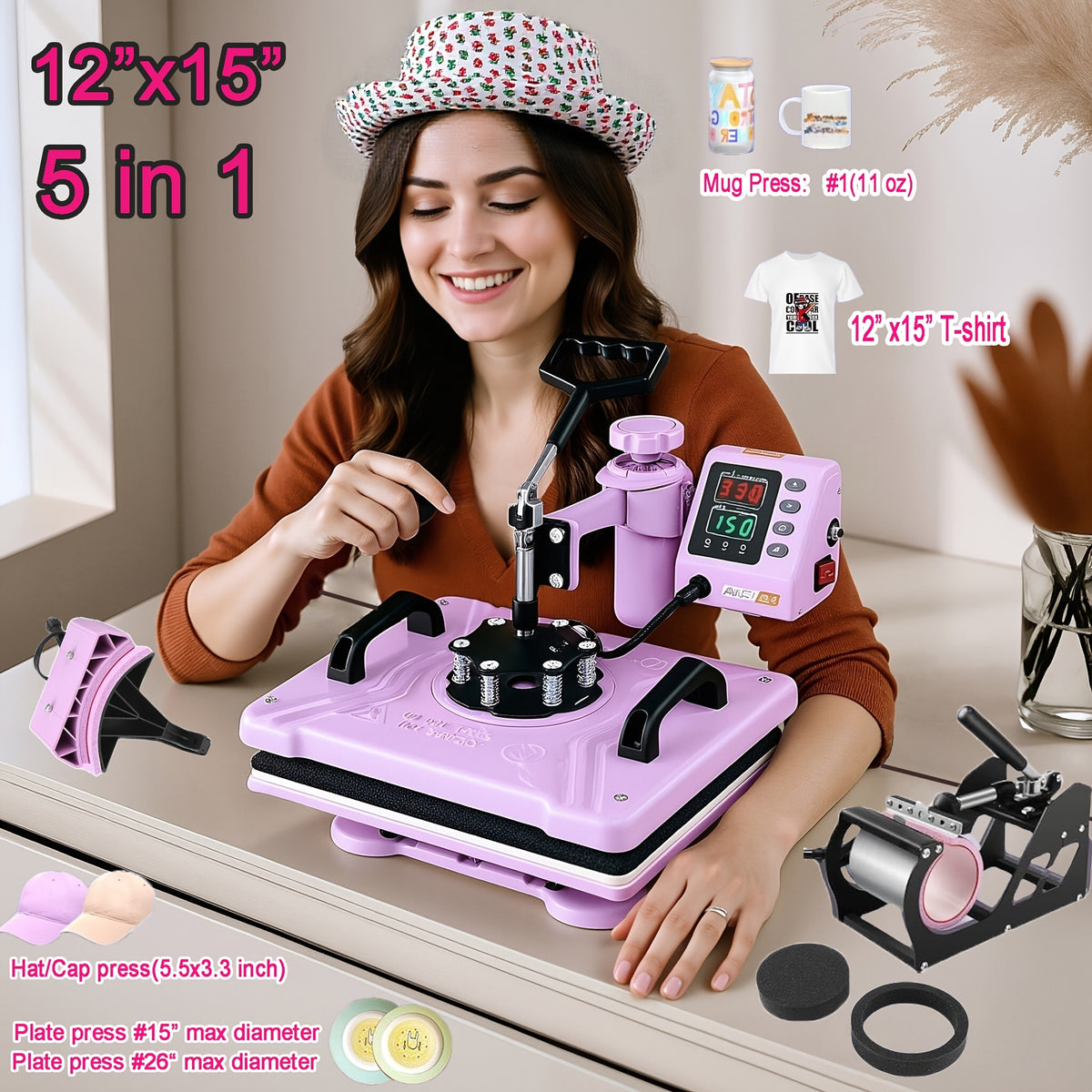 15"x15"/15"x12" - 8-in-1/ 5-in-1 Heat Press Machine Combo, Rotatable Design, Multi-Size Transfer Professional Sublimation Combination, Suitable for T-shirts, Bags, Pillows, Hats, Beanies, Roller - 3in 1 Auto Hat Press Can Only Press Hats
