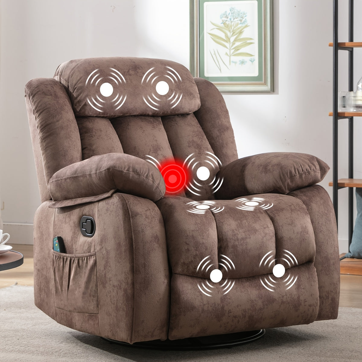 Massage Swivel Rocker Recliner Chair with Heat And Vibration, 360 Degree Swivel Manual Recliners Antiskid Fabric Single Sofa Heavy Duty Reclining Chair for Game & Recreation Room Furniture