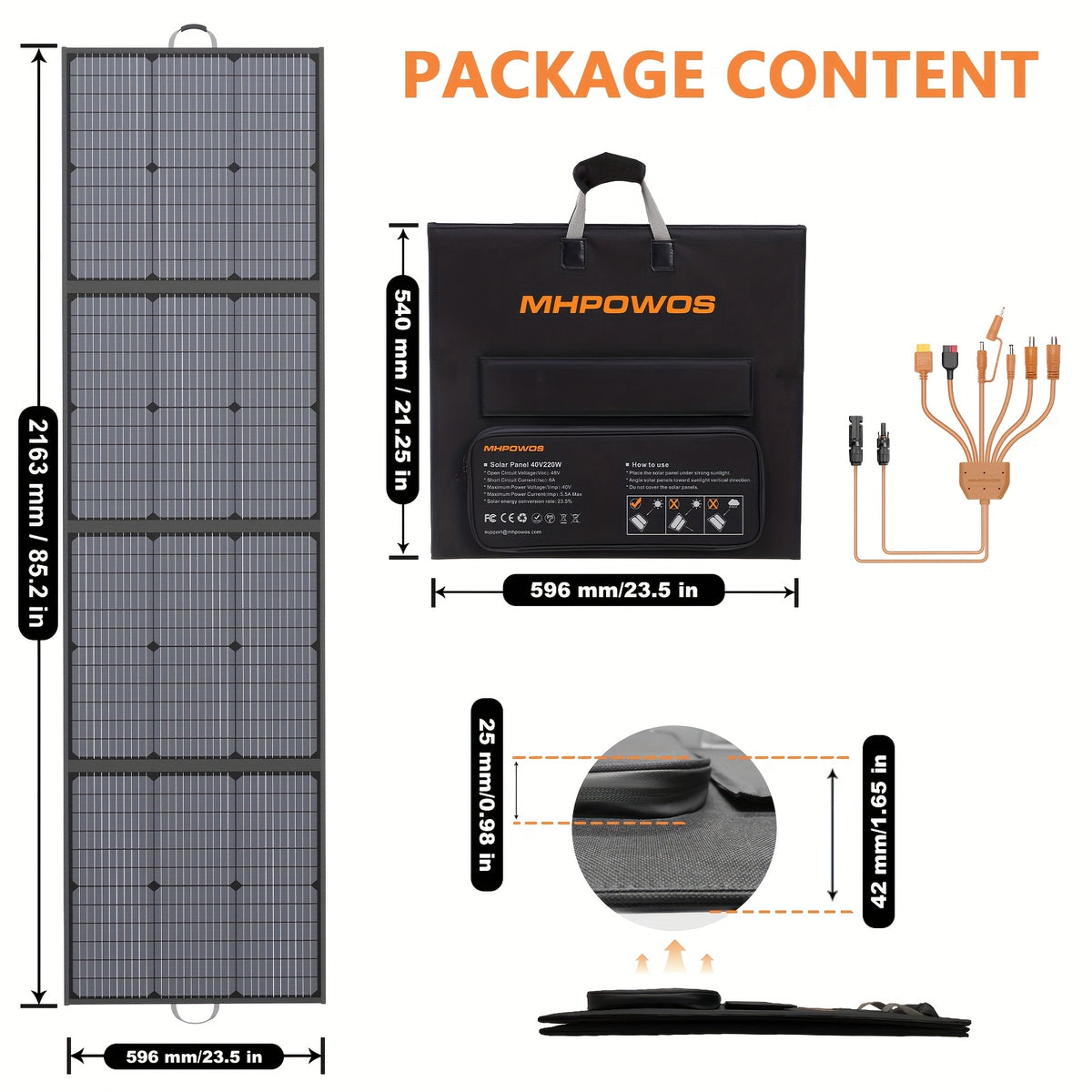 MHPOWOS 220 Watt 1pc/ 2pcs Portable Solar Panel for Power Station, Camping Essentials, 220W 40V Foldable Solar Panel with Solar Cable, 23.5% High Efficiency 4 Kickstands for Camping RV Blackout. Halloween Fall