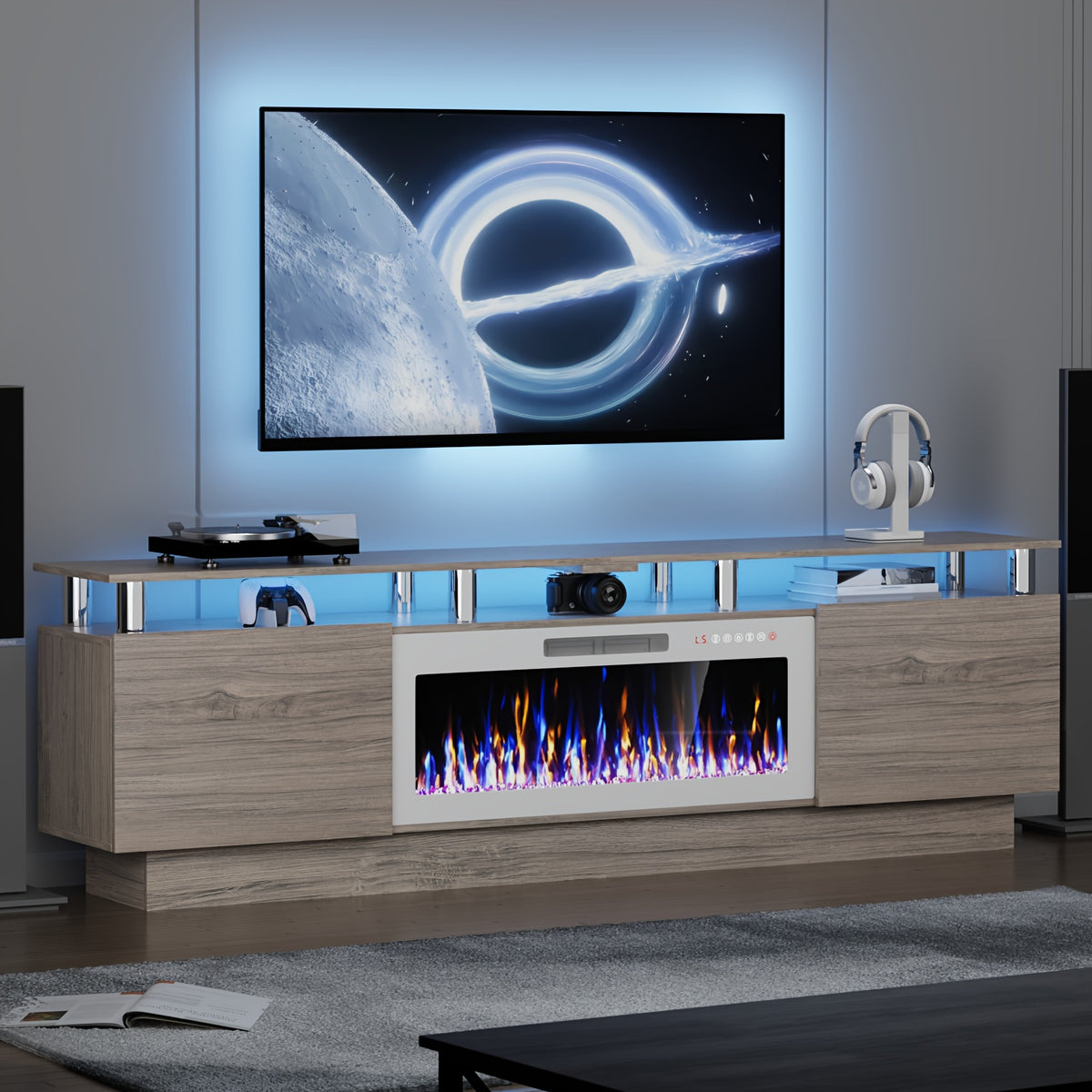 80" Fireplace TV Stand with 36" Fireplace, 2-Tier 80" LED Entertainment Center with Fireplace for Tvs Up to 90", Modern Wood TV Media with Storage Cabinets for Living Room