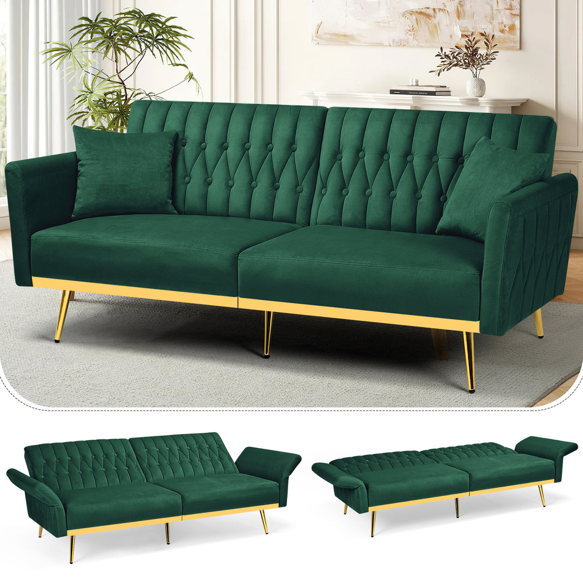 ACMEASE 70-Inch Velvet Convertible Sofa Bed with 2 Pillows, Adjustable Backrest And Armrest Tufted Sleeper Sofa with Golden Metal Legs for Living Room