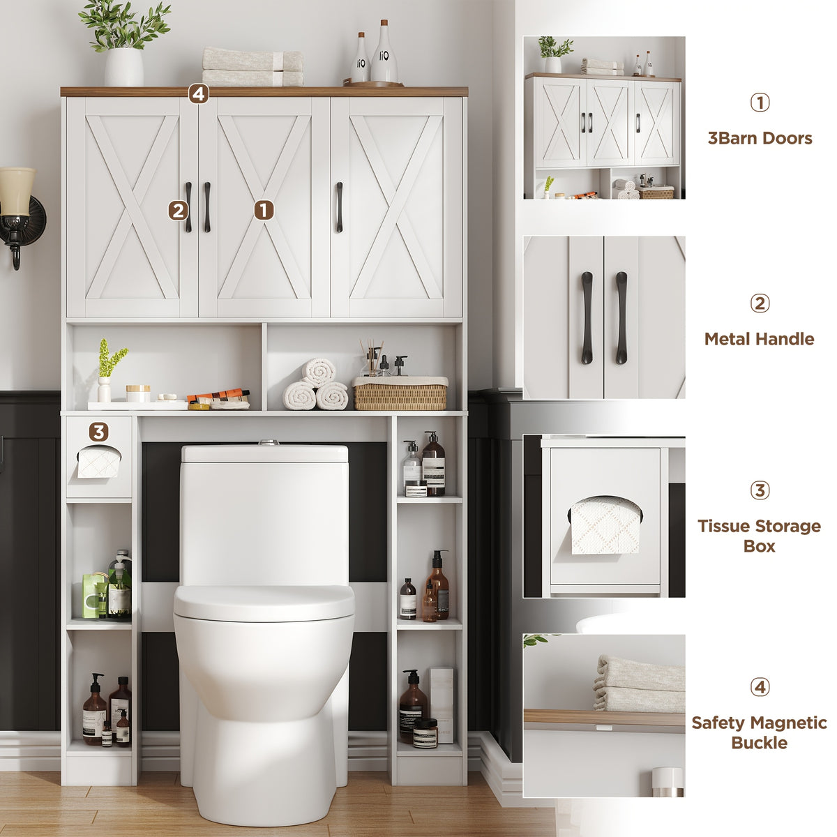 Over-The-Toilet Storage Cabinet with 3 Barn Doors - Farmhouse -Standing Bathroom Organizer, Space-Saving Suitable for Bathroom, Restroom, Laundry Room, Shelves, Toilet Paper Holder & Towel Rack, Assembly Required ( Color:)