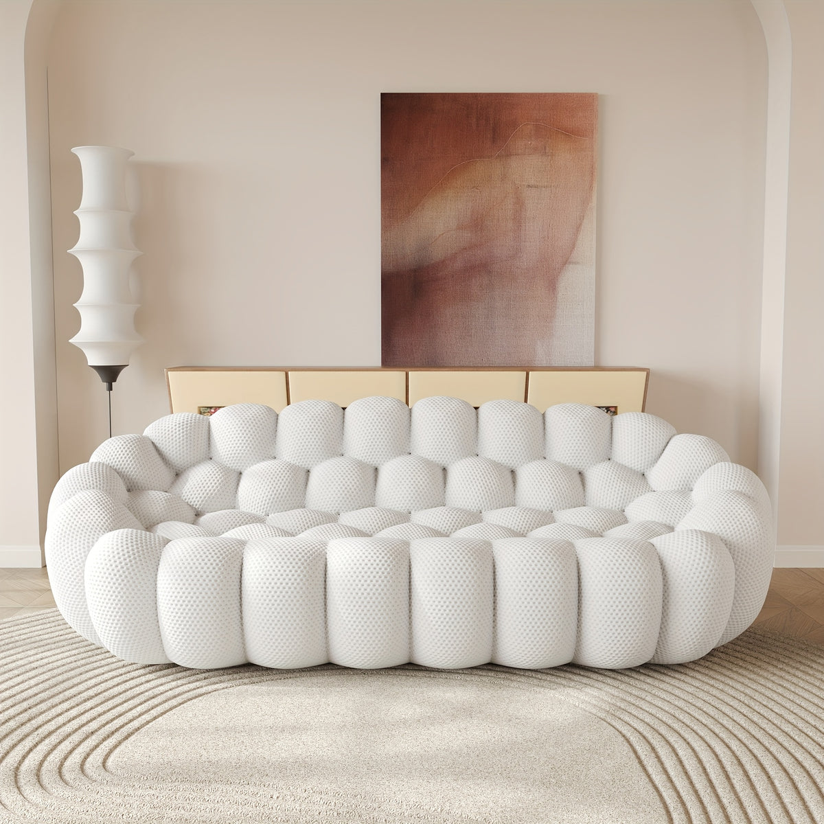 100.03'' Modern Upholstered Curved Sofa, 3 Seater Mesh Fabric Floor Sofa, 3D Honeycomb Shape Curved Couch for Living Room
