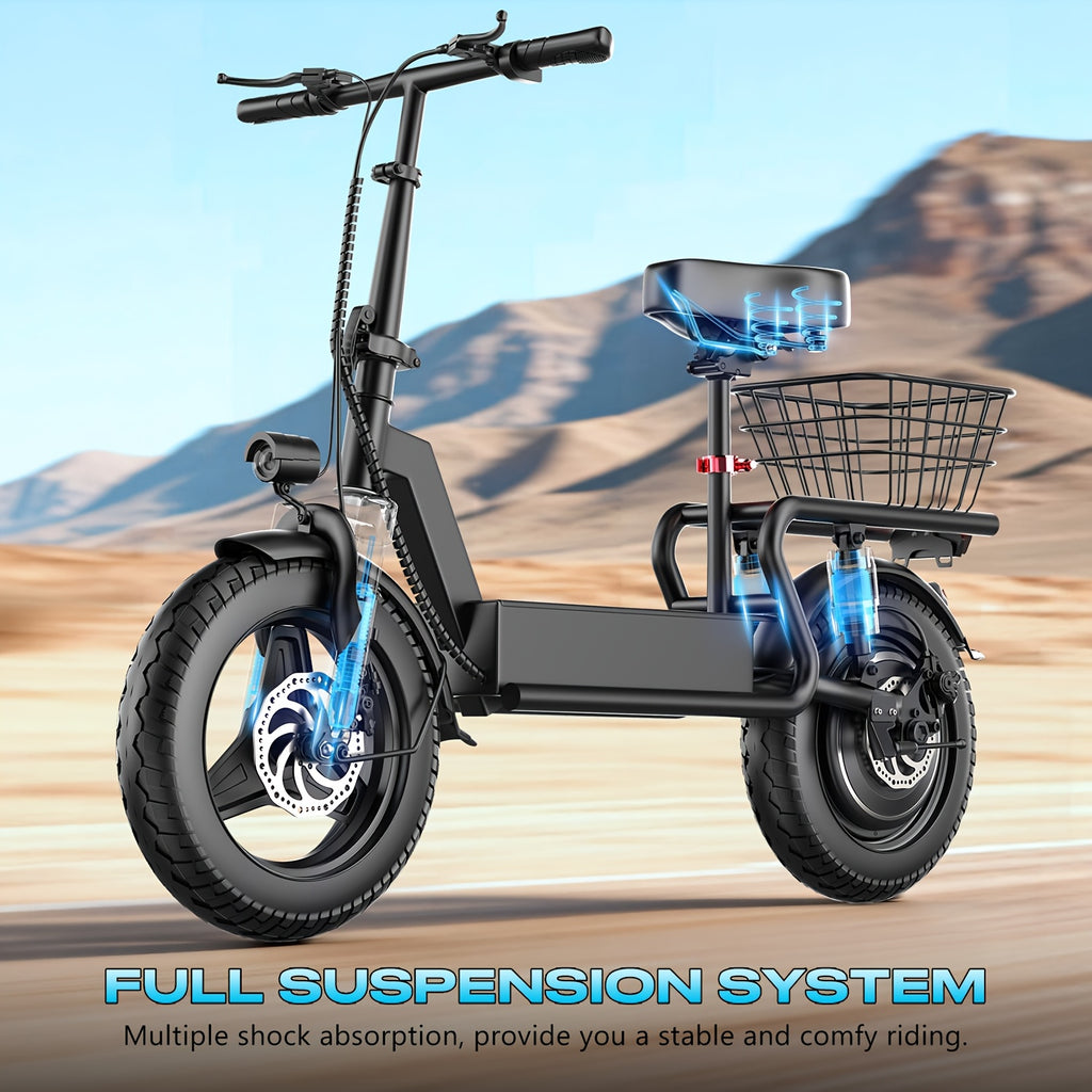 749W Electric Scooter with Seat, 48V 15AH Large-Capacity Battery, 35-mile Long Range & 19.9 MPH Speed, 14" Pneumatic Tire, Height-Adjustable Seat & Handlebar, Dual-Suspension Commuting Scooter with Basket