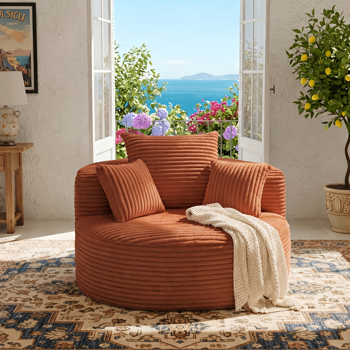 46.5 Inch Corduroy Cloud Lounge Sofa, Single Sofa with High-Density Foam Filling, Soft Round Accent Seat, Modular Cloud Sofa, Plush Corduroy Fabric, No Assembly Required, for Living Room, Bedroom, Reading Nook, Free Delivery