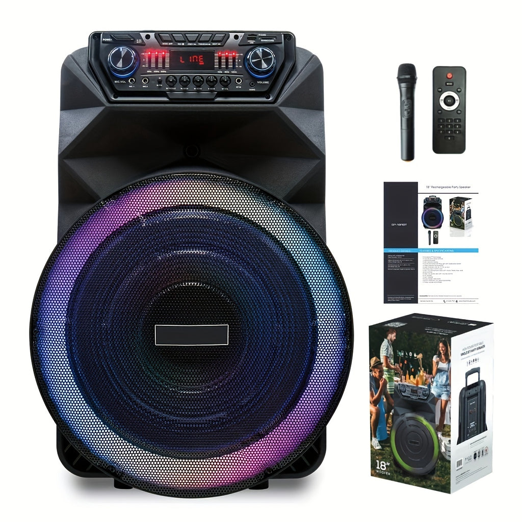 18 Inch Party Rechargeable Wireless Speaker With Deep Bass, 4500W Peak Power DJ Sound System With Wireless Microphones, USB/SD, AUX & Guitar Inputs