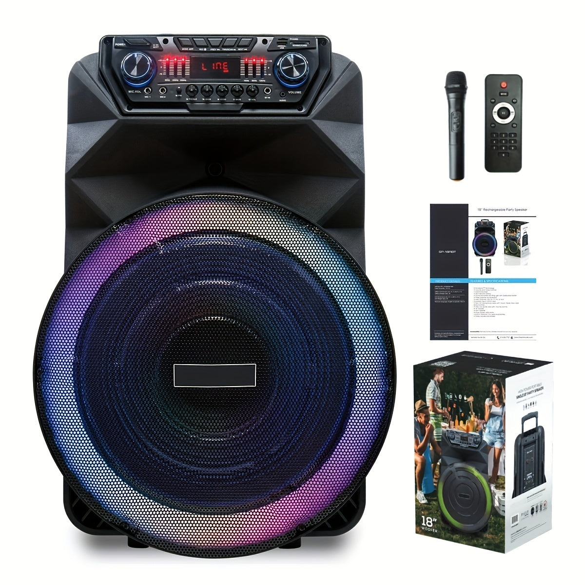 18 Inch Party Rechargeable Wireless Speaker With Deep Bass, 4500W Peak Power DJ Sound System With Wireless Microphones, USB/SD, AUX & Guitar Inputs