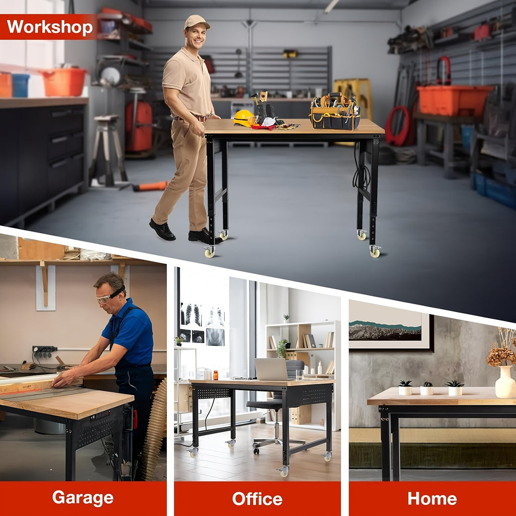 96"84"72"60"48"Adjustable Height Workbench with Power Outlet & Pegboard, 28"-40"Height Heavy Duty Solid Wood Work Table with 2000 to 5000 LBS Load Capacity for Garage, Shop, Office, Home