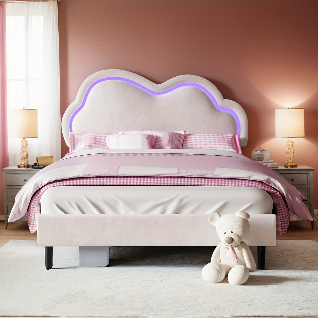 LUXOAK LED Velvet Platform Bed Featuring an Adjustable Cloud Headboard - No Box Spring Needed, Easy Assembly