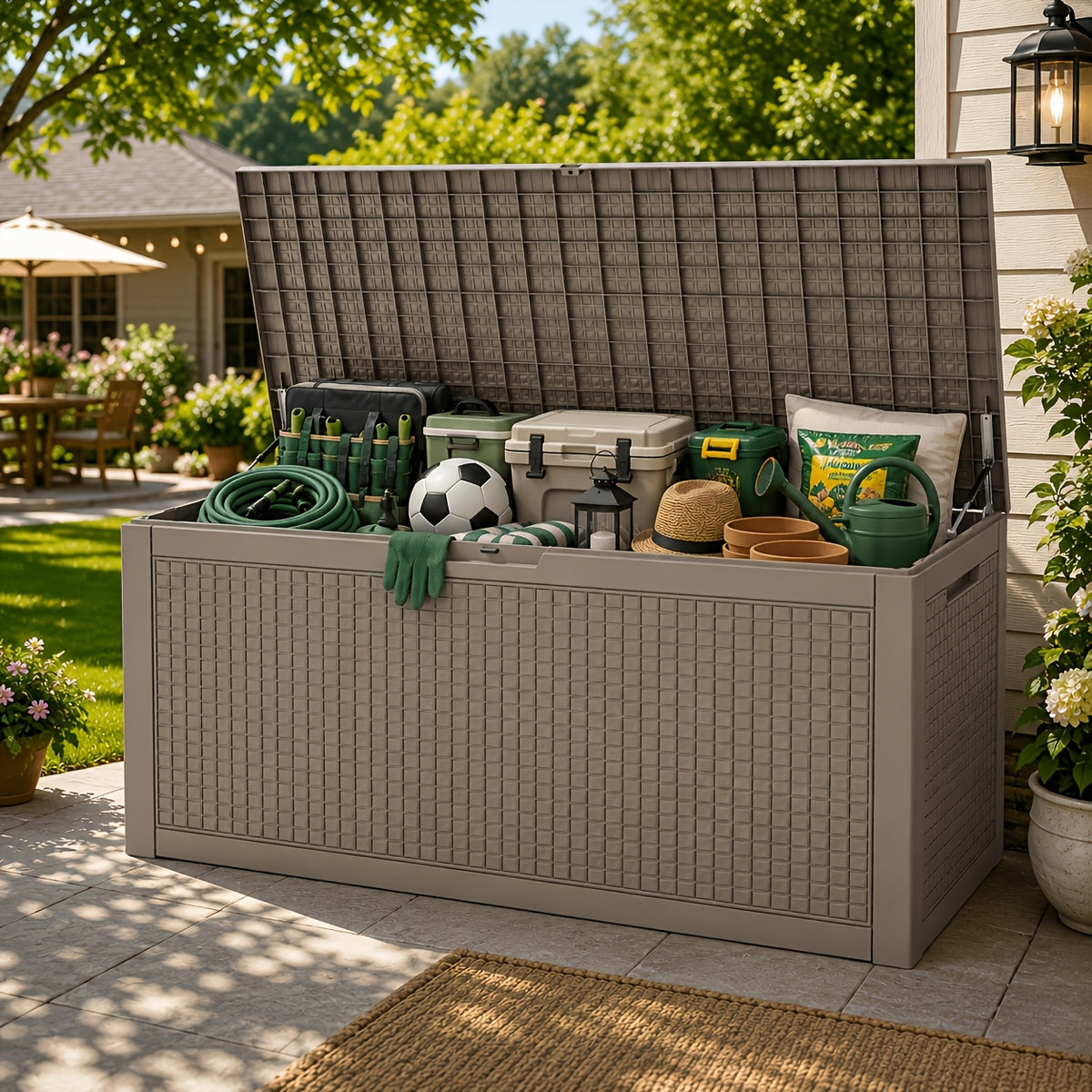 Outdoor Deck Box, 120-Gallon Lockable Resin Storage Chest with Rattan Look for Patio and Pool Supplies