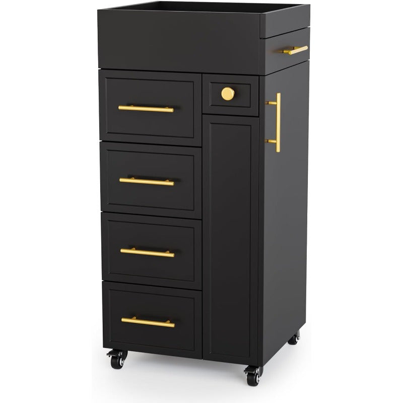 Heavy-Duty Salon Trolley Cart with 5 Drawers, 3 Tool Holders & Adjustable Shelf - Mobile Beauty Station with Locking Wheels, Large Top Surface - Sturdy Wooden Construction for Barber Shop, Salon, Spa, Home - Space-Saving Organizer Cabinet (White/Black) -