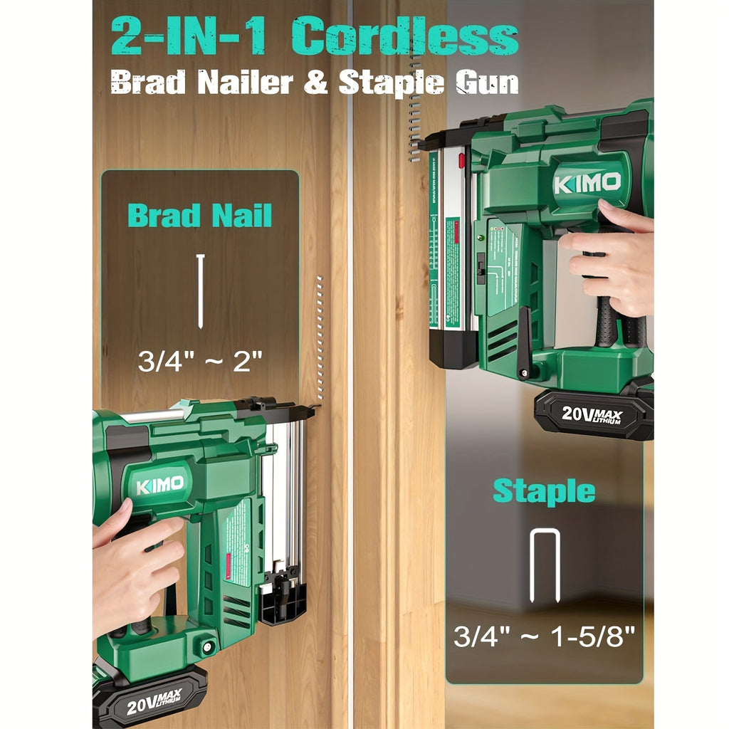 KIMO 20V Brushless Cordless Brad Nailer And Staple Gun, 2-in-1 Power Tool Kit with 2 Batteries, Fast Charger, 1000pcs 18G Nails & Staples for Woodworking, Carpentry, And DIY Projects