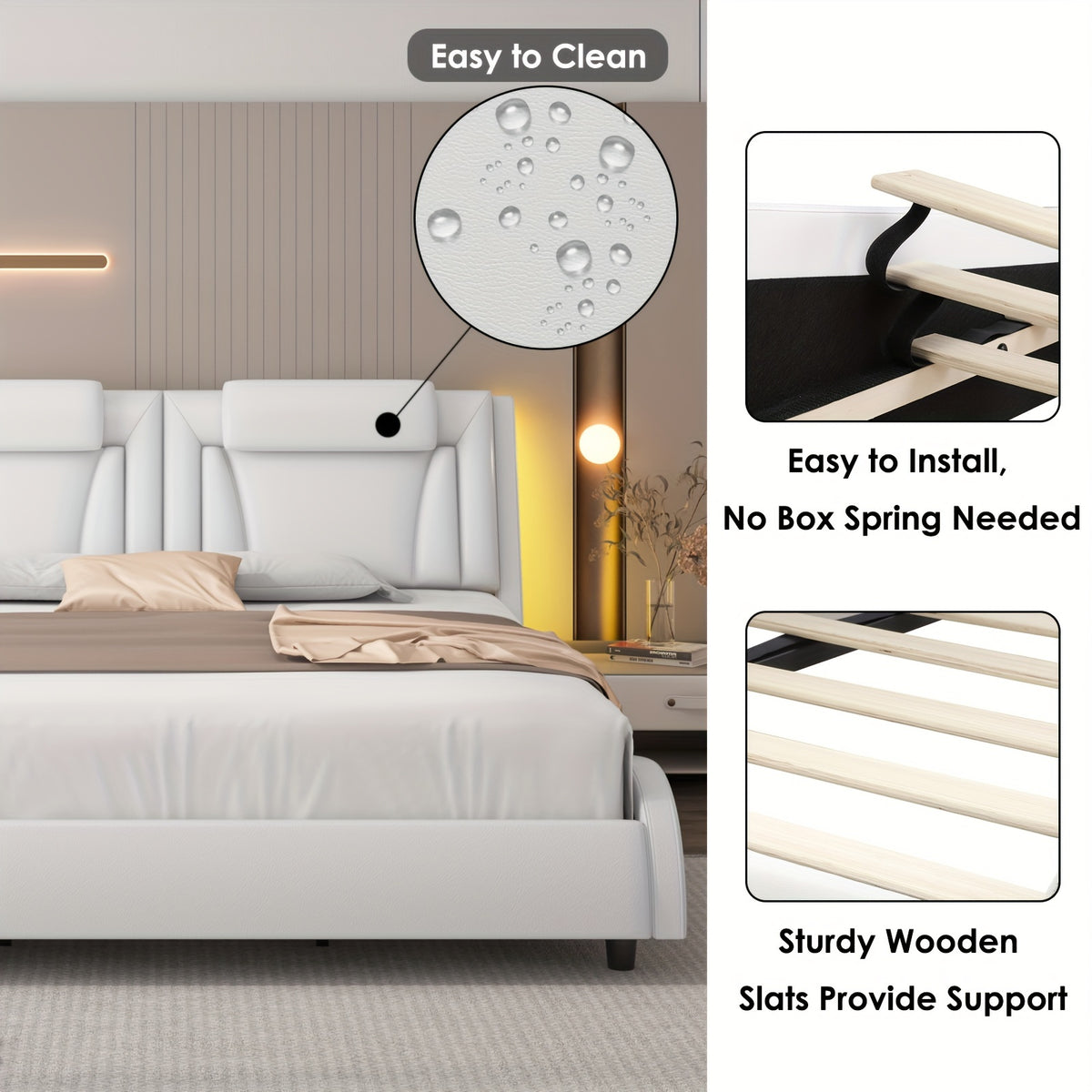Upholstered Bed Frame Available in Full, Queen, And King Sizes Featuring an Adjustable Headboard, a Wavy Design, a Removable Backrest, And Solid Wooden Slats for Support, Eliminating The Need for a Box Spring, Offered in Faux Leather in White