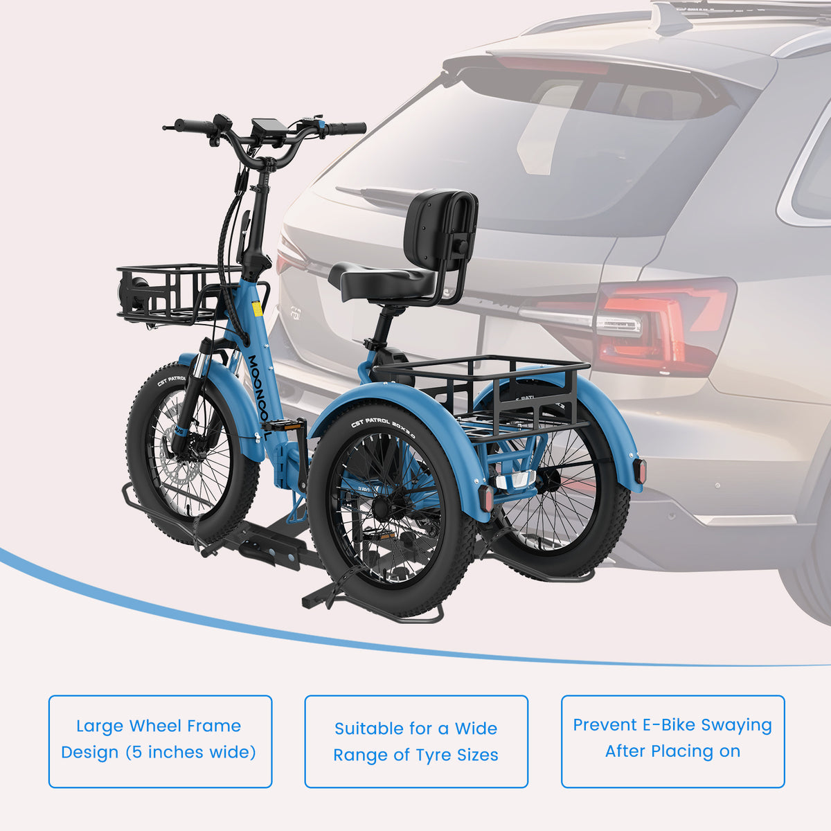 Heavy-Duty Foldable Bike Carrier for 3-Wheel Bicycles, Rear Platform Rack for Adult Tricycle, Fat Tire Trike Carrier Rack for SUV Truck RV, Fits 5" Wide Tires, Heavy Duty