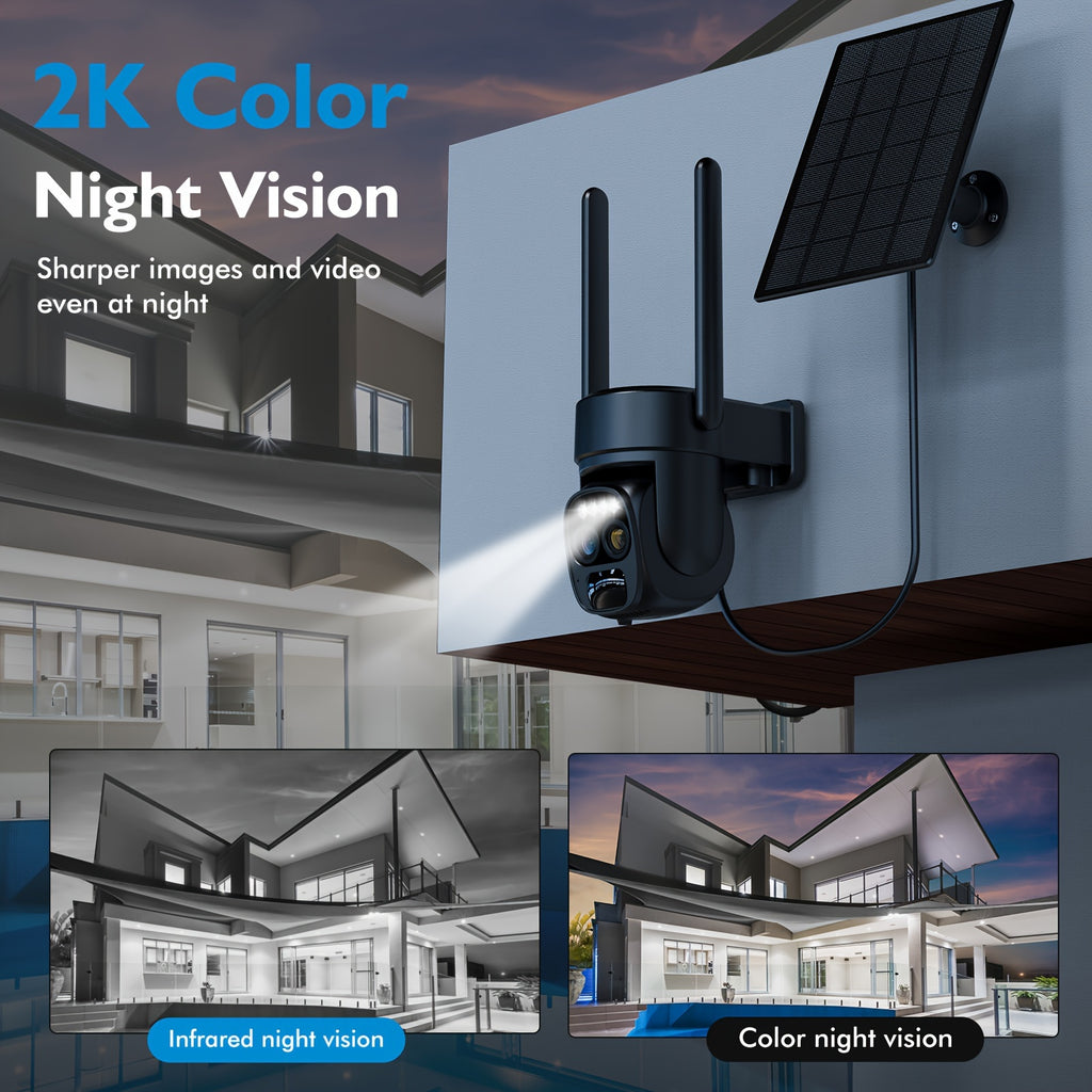 5pcs [10X Zoom] 360-Degree Low-Power Solar Panel Battery 2K FHD Wifi with Spotlight Alarm, Motion Detection, Color Night Vision, Two-Way Audio And
