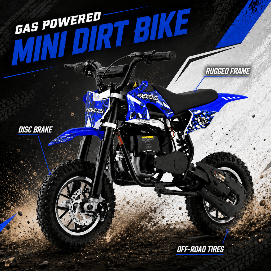 Mini Dirt Bike, 49 CC 2-Stroke Gas Bike with Off-Rode Tire, Suspensions, Disc Brakes, Max Load 165Lbs, Max Speed 18Mph-Includes gloves, face mask, security lock, and phone holder-Includes gloves, a face mask, an integrated stand, an anti-theft lock, and k