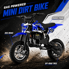 Mini Dirt Bike, 49 CC 2-Stroke Gas Bike with Off-Rode Tire, Suspensions, Disc Brakes, Max Load 165Lbs, Max Speed 18Mph-Includes gloves, face mask, security lock, and phone holder-Includes gloves, a face mask, an integrated stand, an anti-theft lock, and k