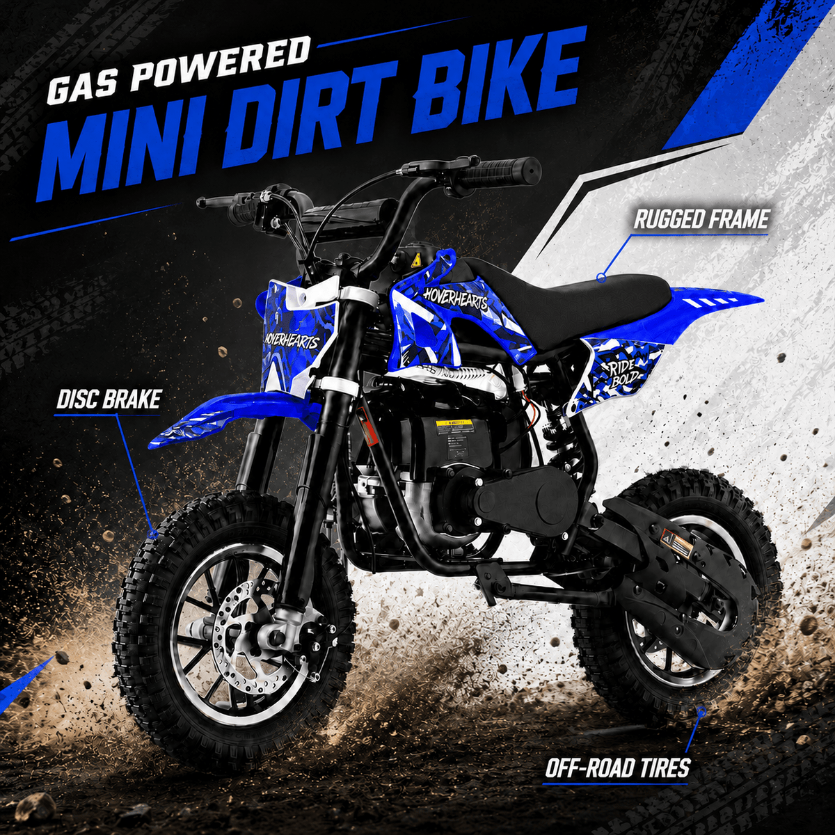 Mini Dirt Bike, 49 CC 2-Stroke Gas Bike with Off-Rode Tire, Suspensions, Disc Brakes, Max Load 165Lbs, Max Speed 18Mph-Includes gloves, face mask, security lock, and phone holder-Includes gloves, a face mask, an integrated stand, an anti-theft lock, and k