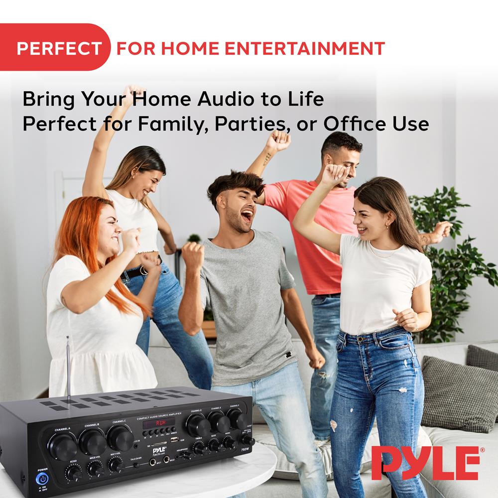 ALMOST GONE!!!!! 6-Channel Bluetooth Stereo Amplifier System with 750W Max Power Output, FM Radio with Digital LCD Display, Dual Microphone Inputs with Echo Control, USB/SD Readers, Subwoofer Output, AUX and RCA Inputs, Headphone Jack, Remote Control, Sho