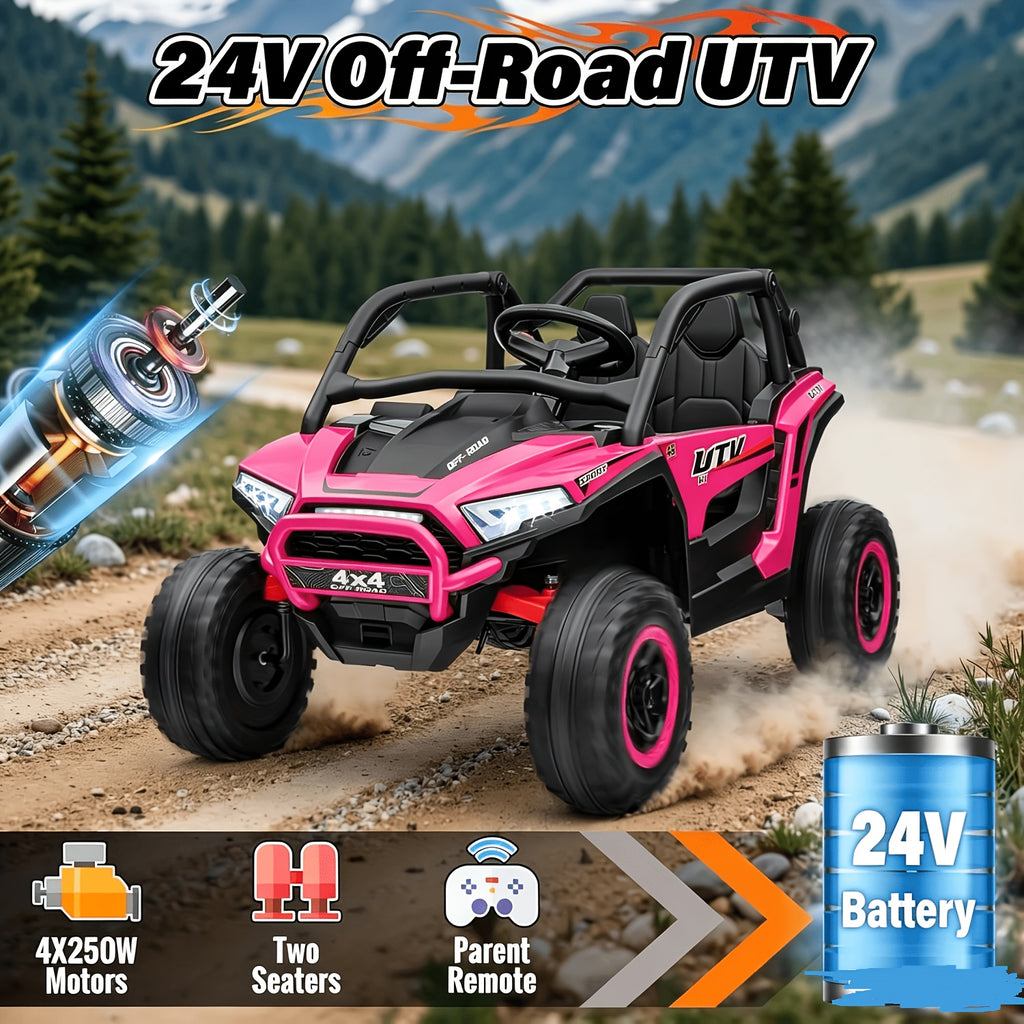 24V Ride-On Car, 2-Seater XL 4X4 Off-Road UTV with Powerful Motors, Remote Control, Music, LED Lights, 20" Wide Seat, 24 Volt Ride-On Toys for Big Kids