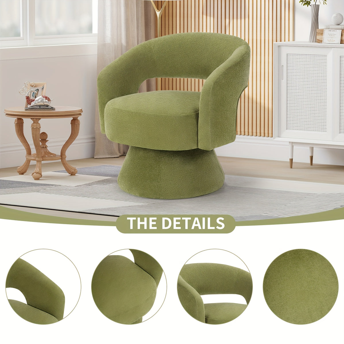 Household Furniture: Modern Green 360-Degree Swivel Accent Chair - Barrel-Shaped Lounge ArmchairFeatures: Soft Material, Easy-to-clean SurfaceApplicable Scenarios: Living Room, Bedroom And Reading Nook.CS059