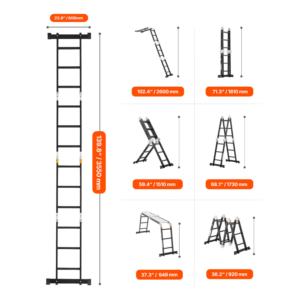 VEVOR Multi-Purpose Folding Ladder 7-in-1 3/4/5 Step 15.5ft with Scaffolding Plank/No accessories