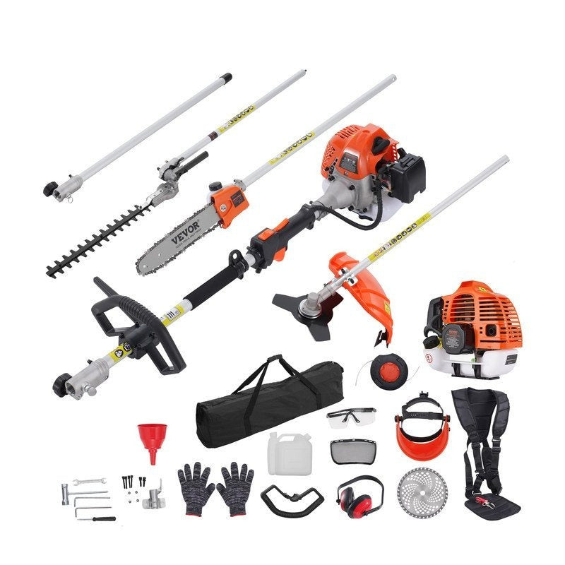 VEVOR 52CC 6-in-1 Multi-Functional Trimming Tools, Gas Hedge Trimmer, Weed Eater, String Trimmer, Brush Cutter, Edger, Pole Saw Chainsaw Pruner with Extension Pole