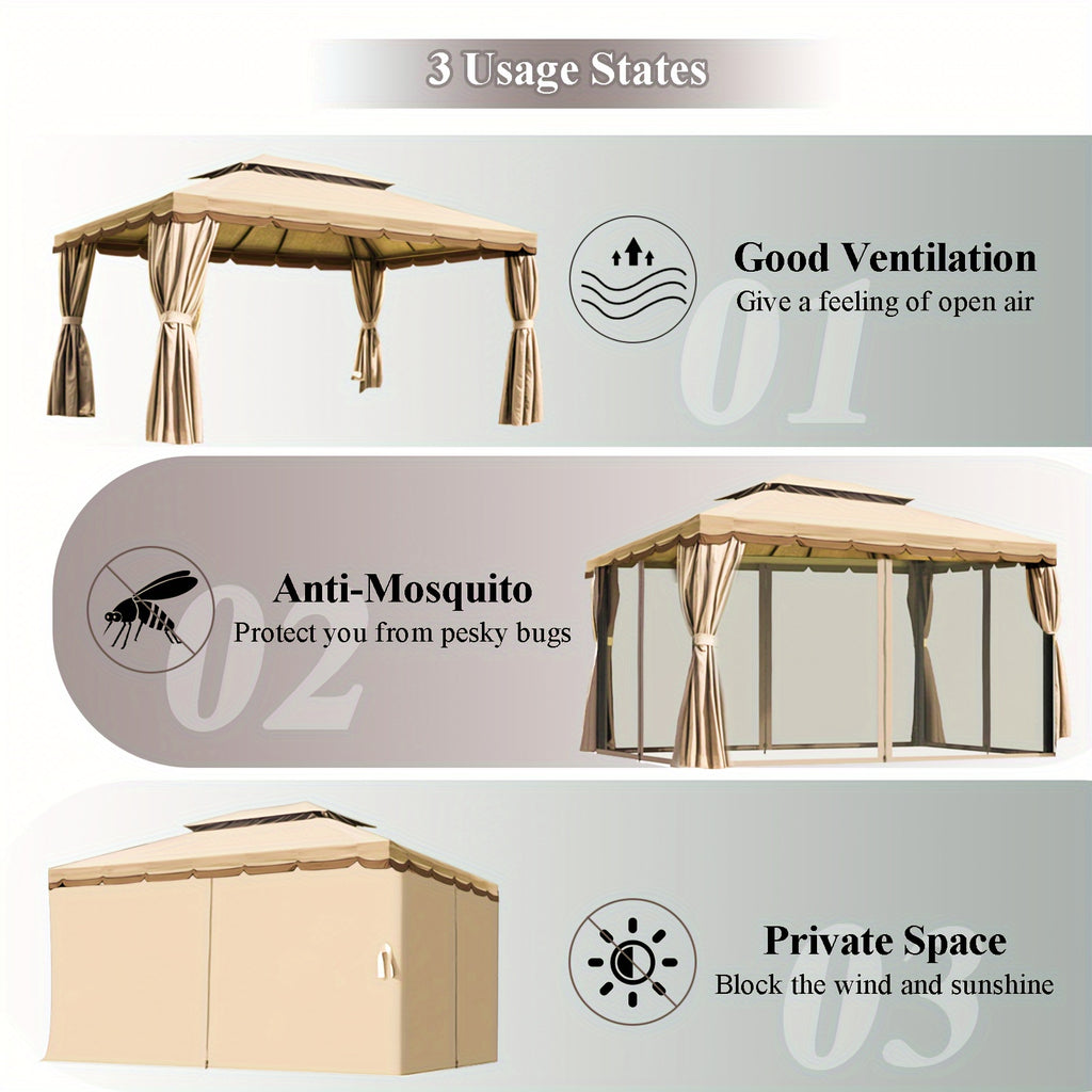 Outdoor Patio Gazebo 10'x13', Heavy Duty Party Tent & Shelter With Double Roofs, Mosquito Nettings And Privacy Screens For Patio Lawn And Garden, Brown