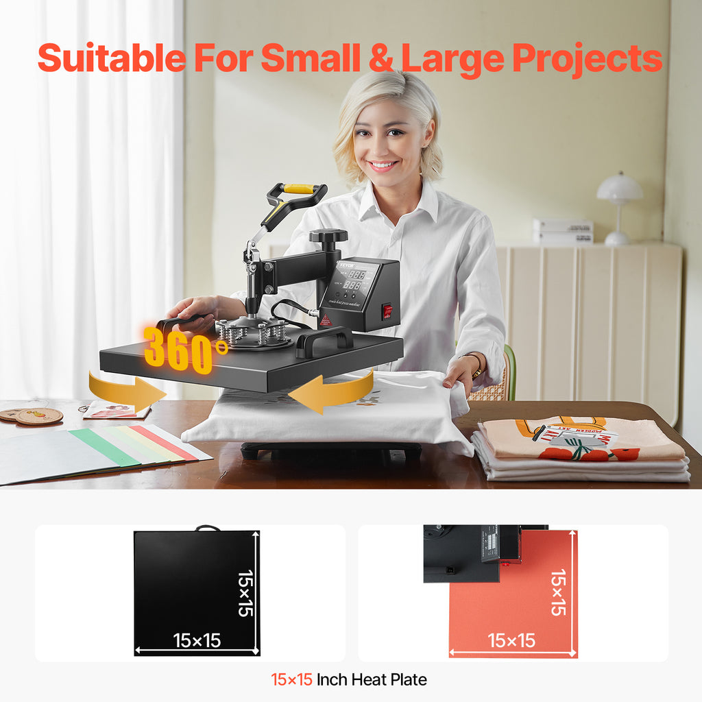 VEVOR Heat Press Machine 2-In-1 15x15in Sublimation Print Transfer DIY T-shirt Cap