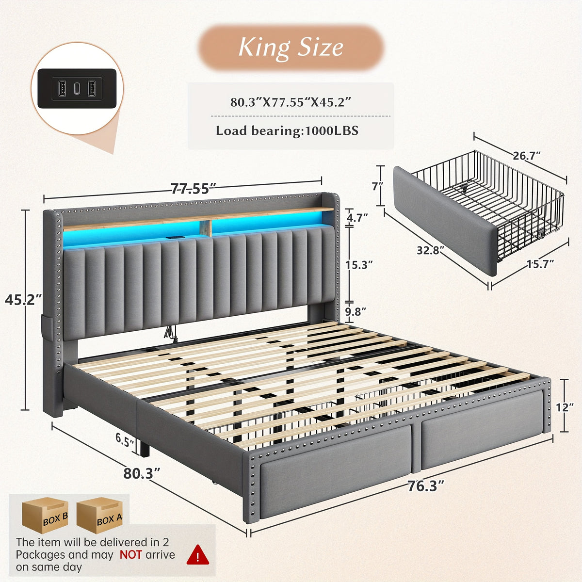 Full&Queen&King Size, Bed Frame with 2-Tier Storage Headboard, with Charging Station, LED Light Platform Bed Frame, 2 Storage Drawers for Storing, Sturdy Wooden Slats Support, Noise-Free, No Box Spring Needed, Grey