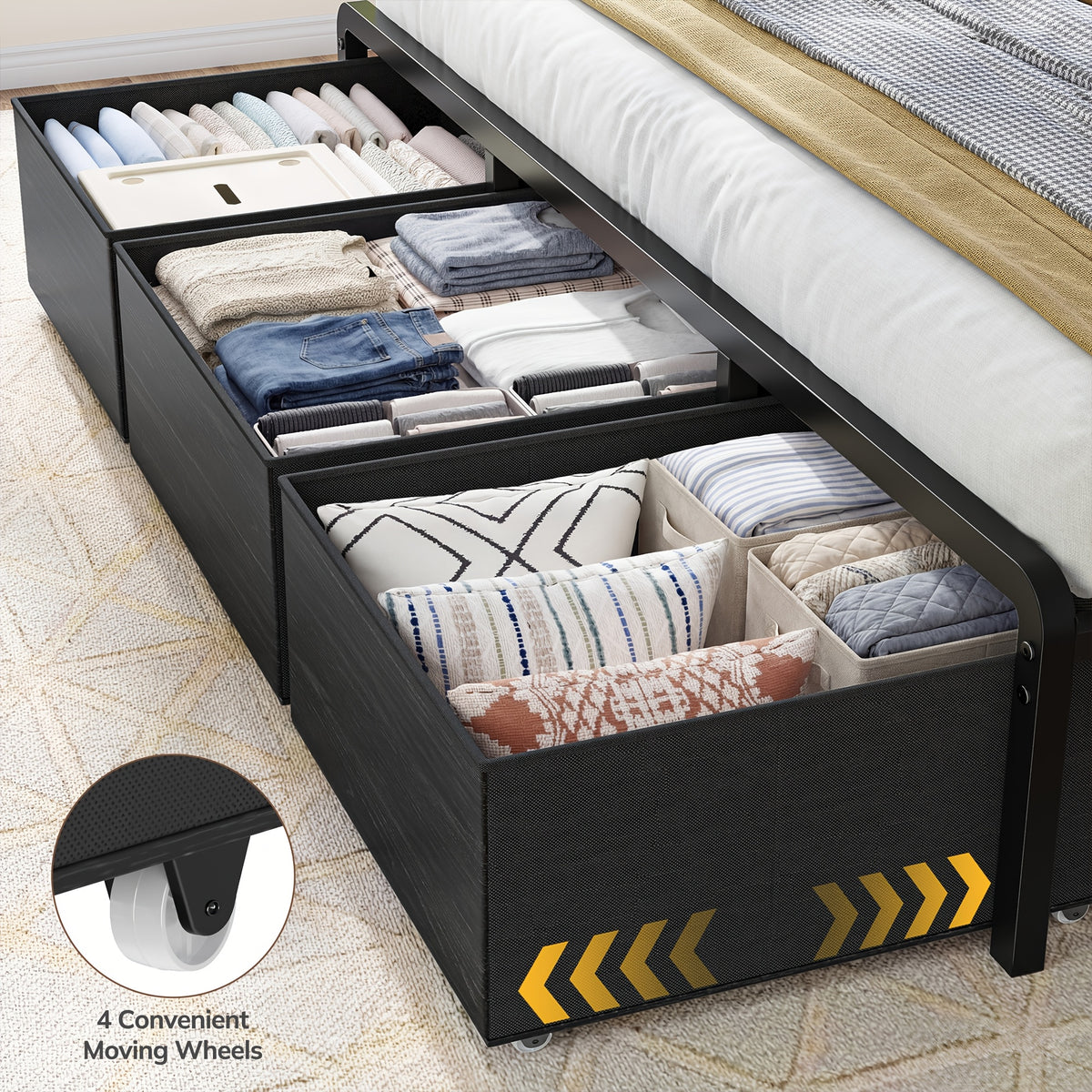 Reinforced Storage Bed Frame, King/Queen/Full with 8/9 Drawers, Headboard Storage, Multi-Color LED Lights & Charging Station, Noiseless & Easy Assembly, Black/Tiger Brown