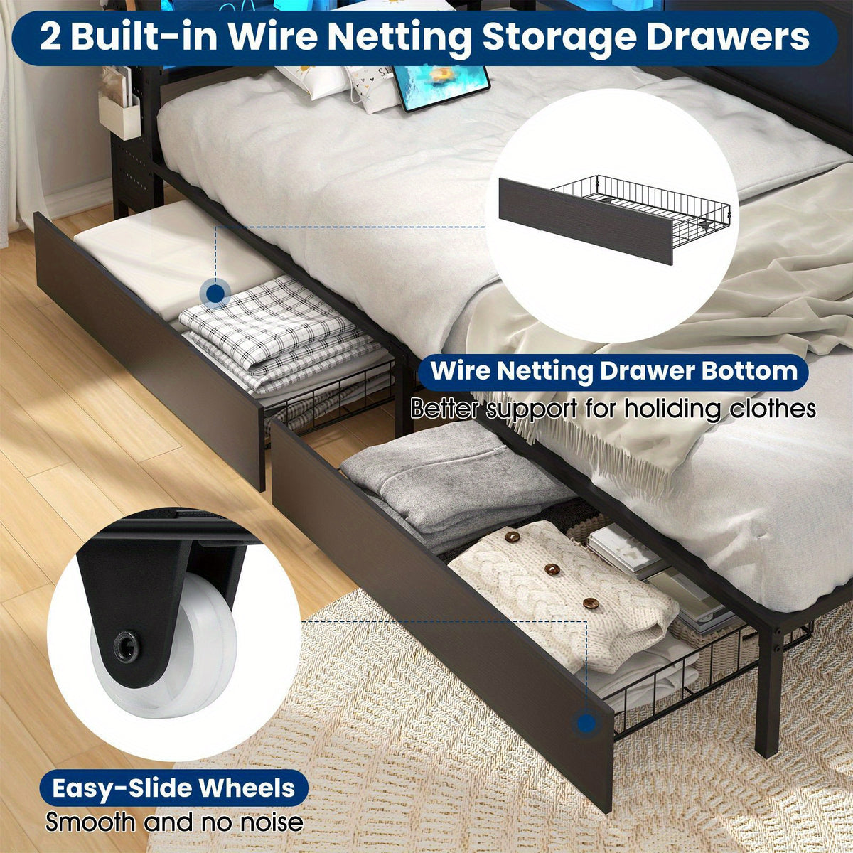 Corner Bed with Storage Bookcase and LED Light, Daybed with 2 Underneath Storage Drawers & Charging Station, Twin Bed Frames for Bedroom