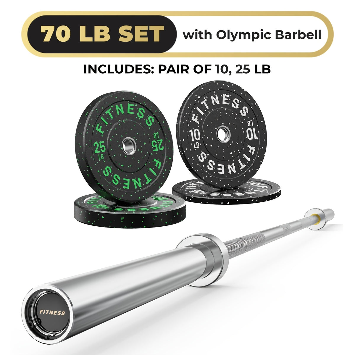 Rubber Bumper Plates with 7ft Barbell, 70LB to 410LB Heavy Duty Weight Plates + 2-Inch Barbell Combo, Bumper Plates with Steel Hub, Home Gym Strength Training for Deadlift Squat Bench Press, 1 Barbell Per Set