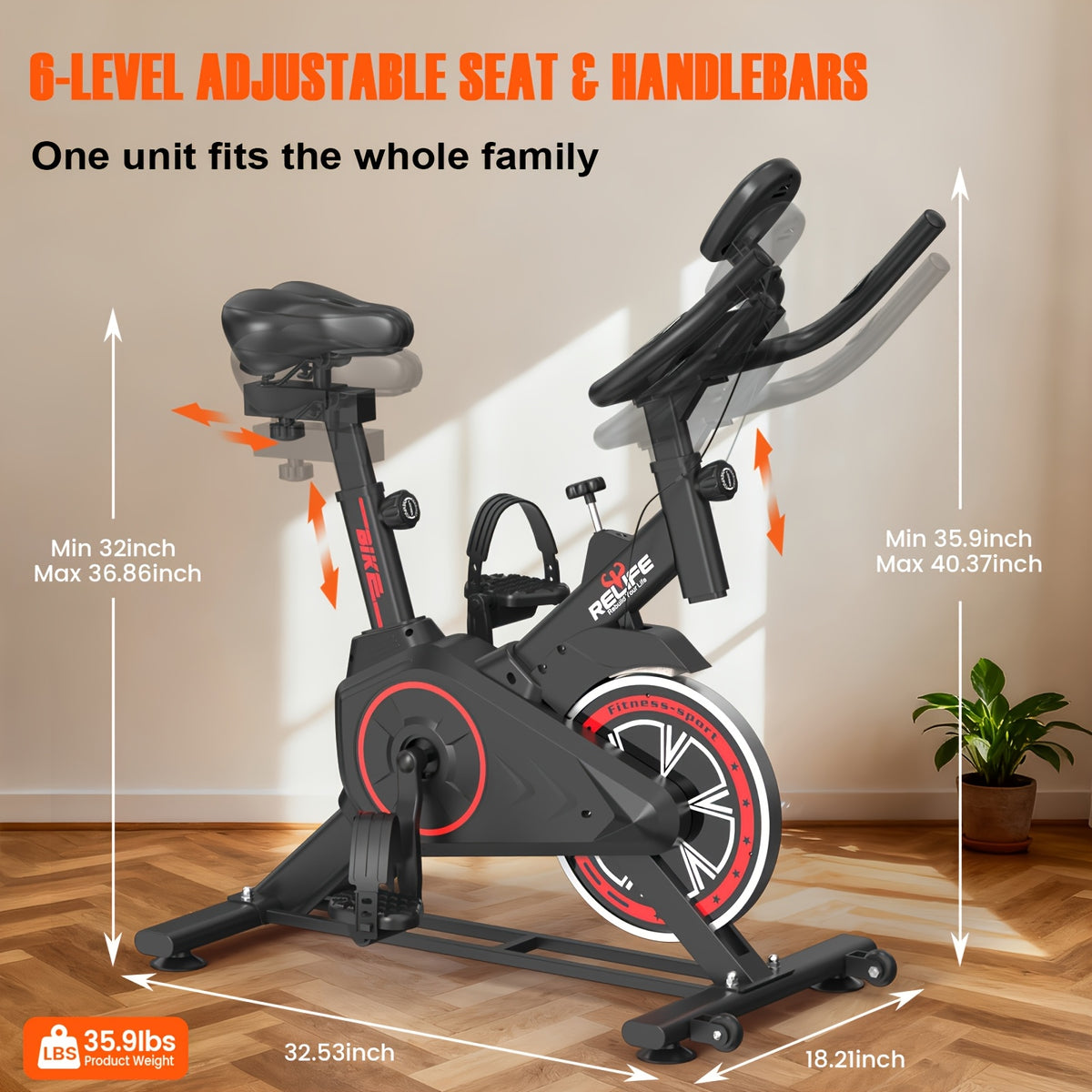 RELIFE Exercise Bike, Magnetic Indoor Cycling Bike, Ultra-Quiet Resistance, Tablet Mount & Ergonomic Seat Cushion, Home Gym Stationary Cycle for Cardio for All User, Indoor Bike/Brake Pad Stationary Bike, for Family, with Comfortable Saddle