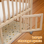 Non-full-size Wooden Convertible Crib with a Dome-shaped Mosquito Net and 3-inch Sponge Mattress, Convertible into a Rocking Bed. Features a Three-position Adjustable Bed Base Height and Oversized Storage Space at the Bottom. Equipped with TPR Steel